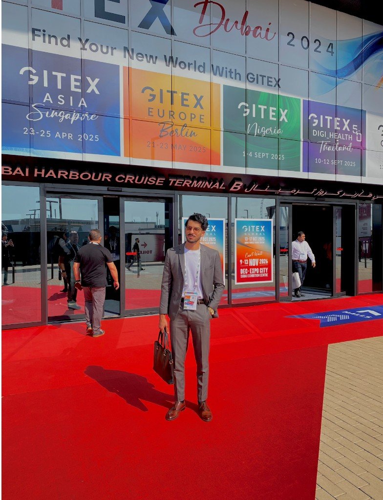 Alphasol representative at GITEX Dubai outside Dubai Harbour Cruise Terminal